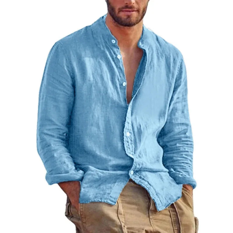 Men's Linen Long Sleeve Shirt – Stand Collar Casual Top, Lightweight Breathable Solid Color Hawaiian Style Shirt