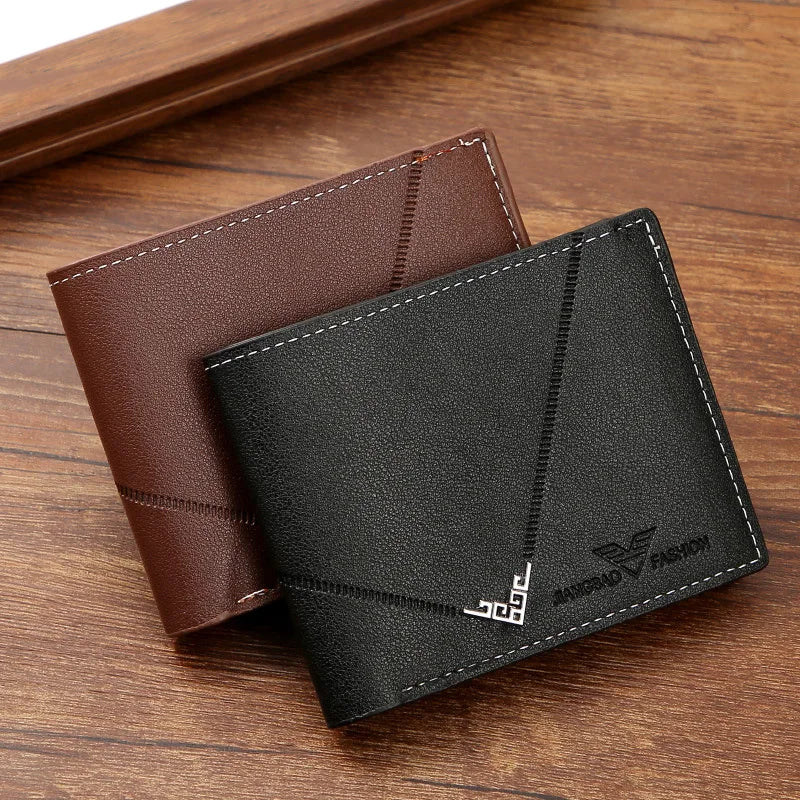 Men's Lychee Texture Leather Wallet Short Card Holder with Coin Pocket & Cash Compartment