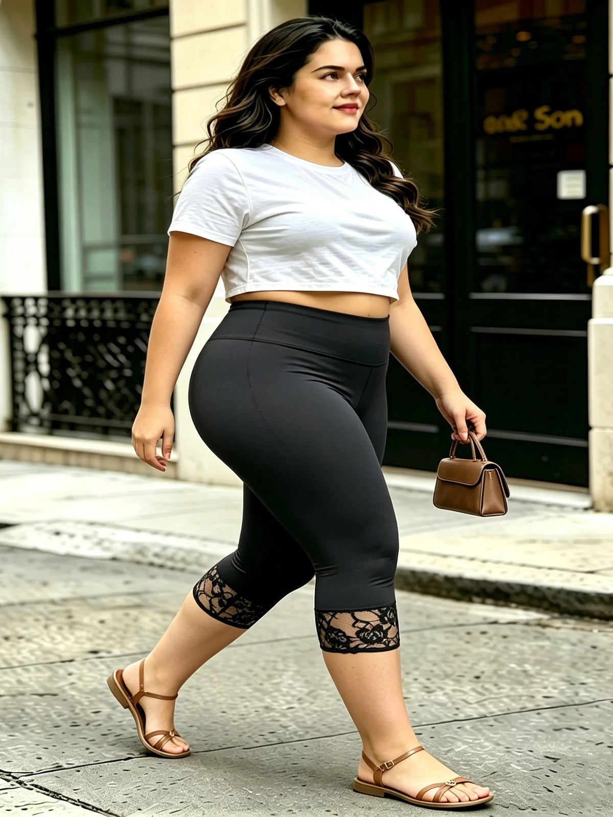 Women's Plus Size Lace Trim Capri Leggings – Stretchy Cropped Tights for Summer, Casual Everyday Pants with Elegant Lace Detail