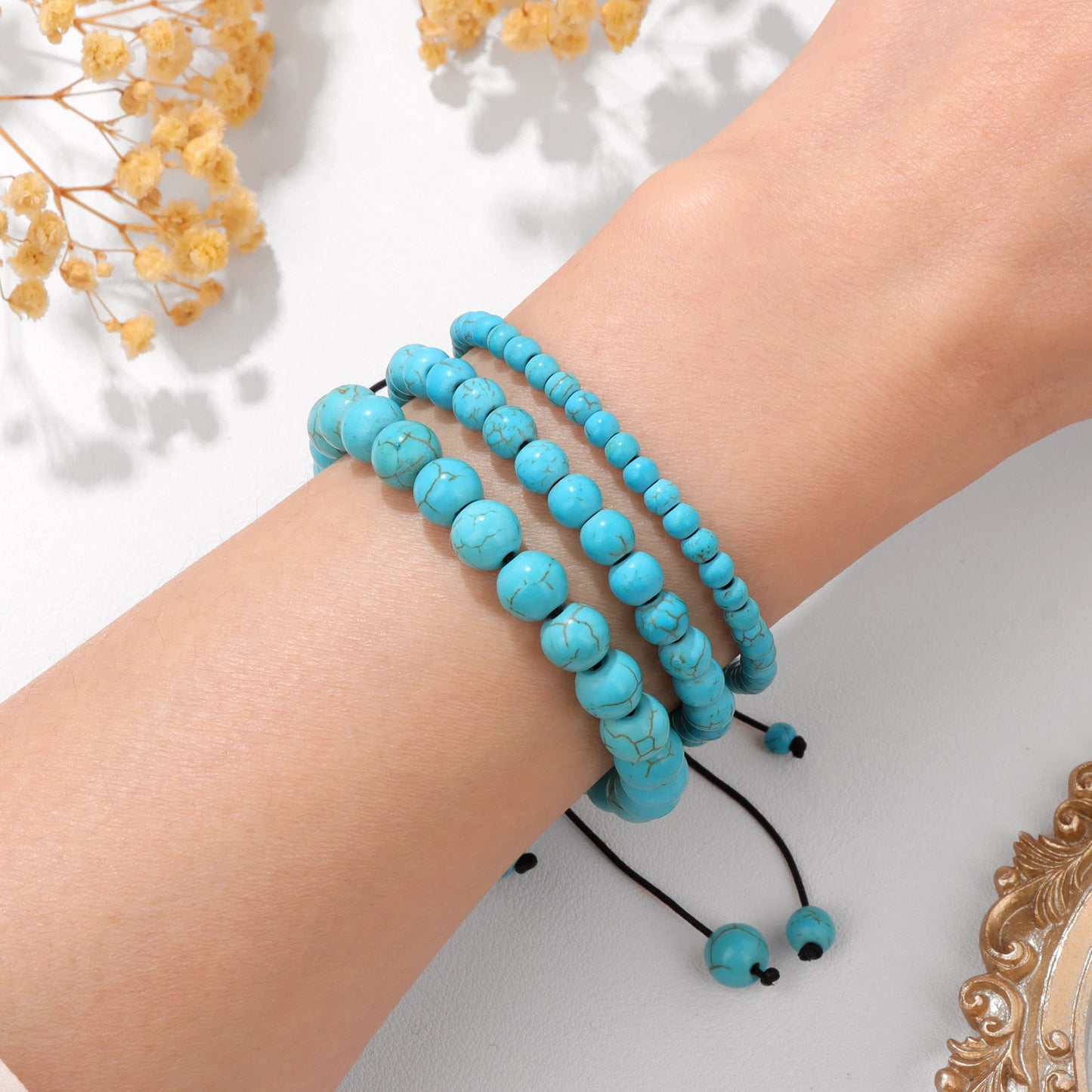 Bracelet perles de tourmaline noire naturelle – Bracelet ajustable tressé en corde avec carte cadeau pour hommes et femmes