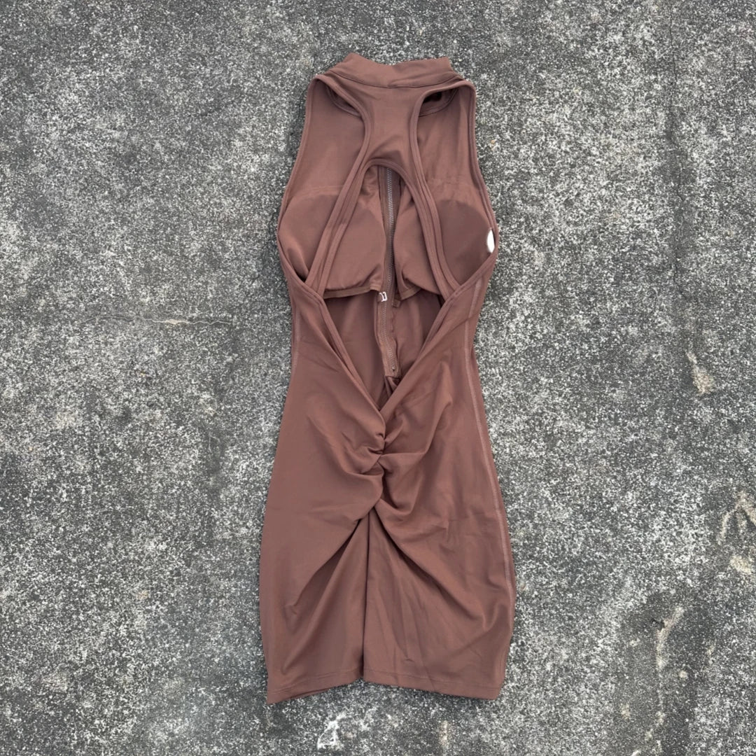 Women’s Scrunch Back Yoga Jumpsuit Shorts Set – Solid Color Zipper Gym Fitness One-Piece Sportswear