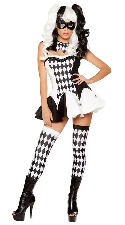 Black & White Clown Cosplay Costume – Women’s Circus Jumpsuit Set (Halloween/Carnival Masquerade Outfit)