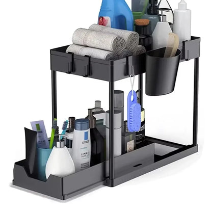2-Tier Pull Out Under Sink Organizer – Slide-Out Cabinet Storage Rack with Hooks & Cups for Kitchen & Bathroom