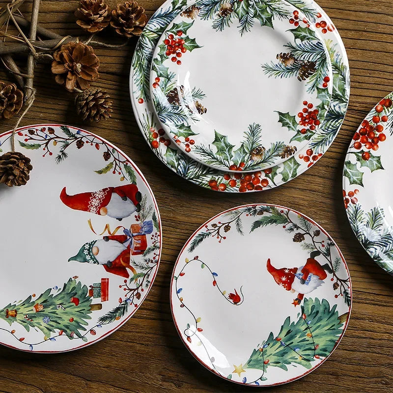 Christmas Ceramic Dinner Plate Set – Round Underglaze Flat Plates for Dim Sum, Sushi, Dining & Decorative Tableware