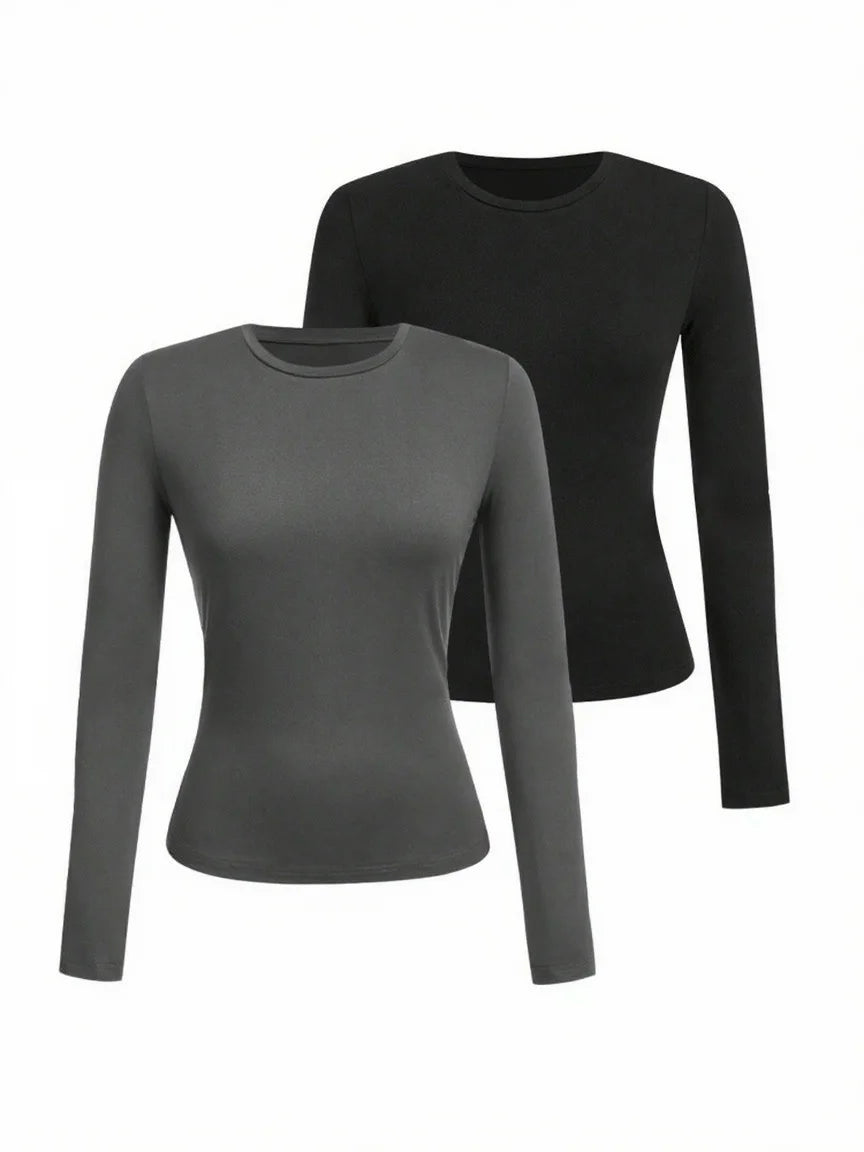 Women’s Long Sleeve T-Shirt Solid Color Polyester Knit Round Neck Regular Fit Fall Winter Top