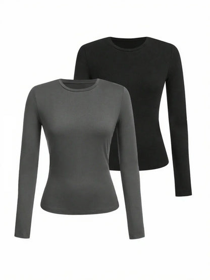 Women’s Long Sleeve T-Shirt Solid Color Polyester Knit Round Neck Regular Fit Fall Winter Top
