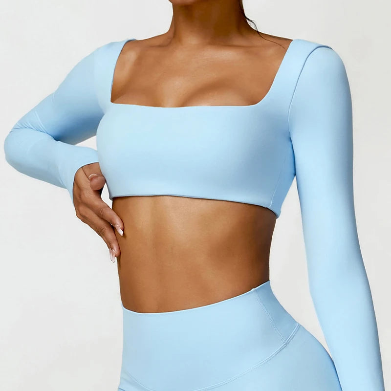 Women’s Square Neck Sports Crop Top – Long Sleeve Quick-Dry Gym Yoga Fitness Activewear