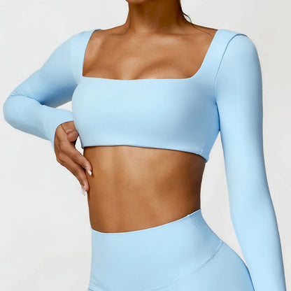 Women’s Square Neck Sports Crop Top – Long Sleeve Quick-Dry Gym Yoga Fitness Activewear