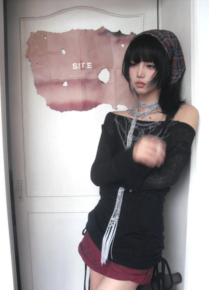 Karrram Japanese Y2K Knitted Top Grunge Tattoo Print Long Sleeve Ribbed Vintage Harajuku 2000s Gothic T-Shirt