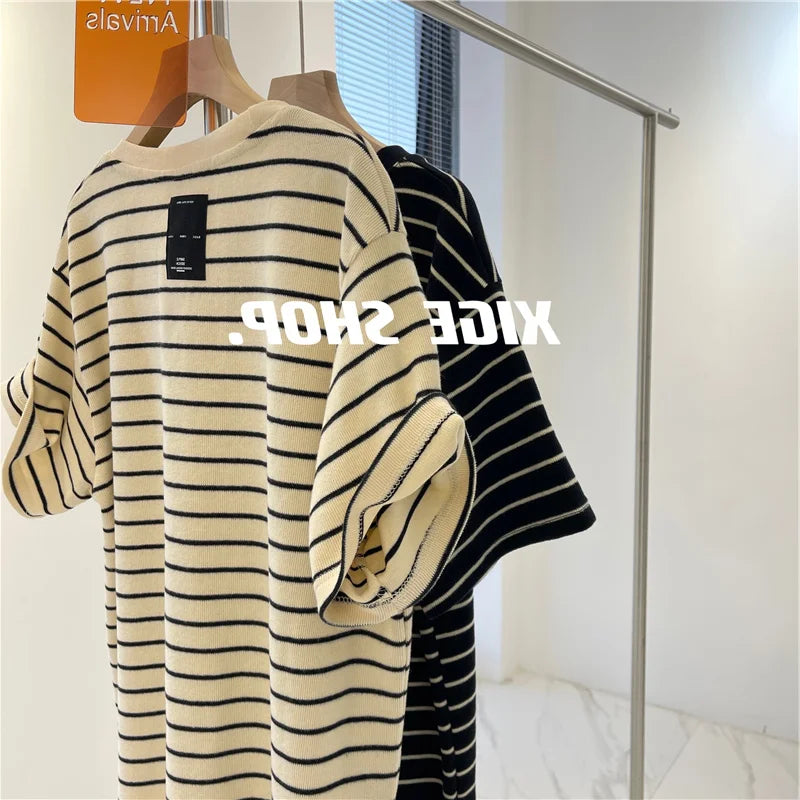 Women’s Korean Style Oversize Striped T-Shirt Loose Casual Short Sleeve Cotton Summer Commute Top