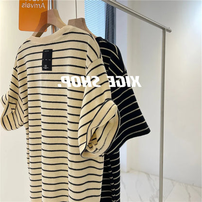 Women’s Korean Style Oversize Striped T-Shirt Loose Casual Short Sleeve Cotton Summer Commute Top