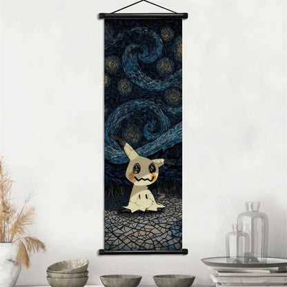 Pokémon Gengar, Squirtle y Mimikyu Noche Estrellada – Lienzo Decorativo Enrollable para Pared – Regalo para Decoración del Hogar