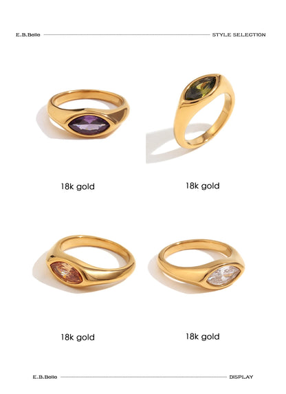 18K Gold Plated Horse Eye Zircon Signet Ring – Hypoallergenic 316L Stainless Steel Colorful Statement Ring for Women