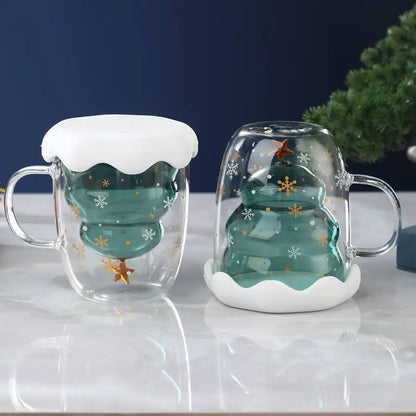 Christmas Tree Glass Cup – Transparent Double-Wall Heat-Resistant Couples Mug with Snowflake Design, Creative Coffee & Drinking Cup Gift