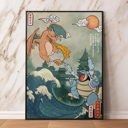 Pokémon Dracaufeu & Tortank Impression sur Toile Décoration Murale Tableau Poster HD pour Salon Maison