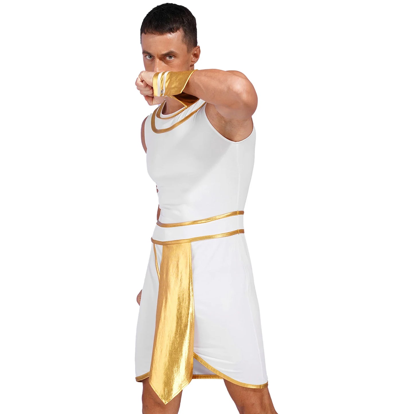 Men’s Ancient Greek & Egyptian Pharaoh Cosplay Costume – Metallic Shiny Toga Robe with Sleeves for Halloween & Roleplay