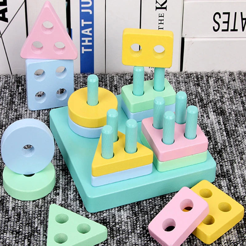 Montessori Wooden Building Blocks Color & Shape Matching Puzzle Educational Toy for Kids