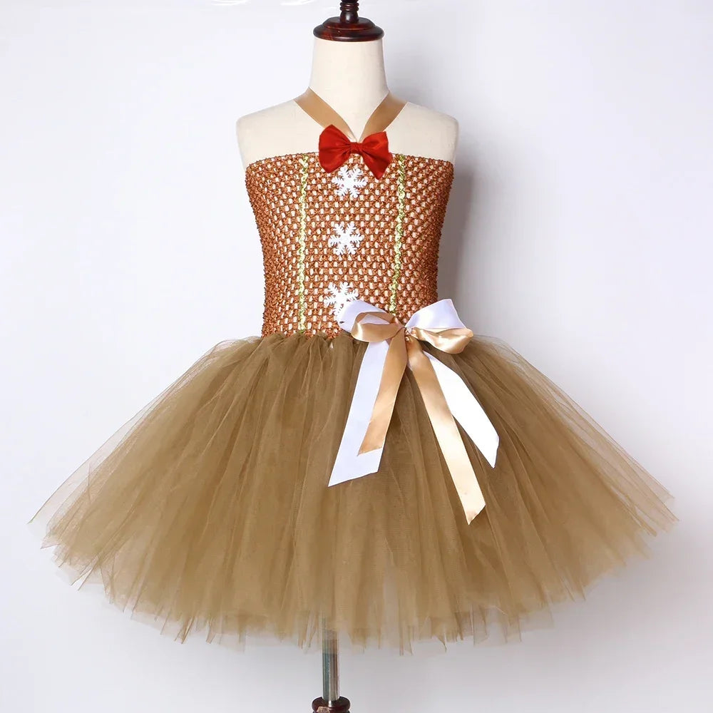 HJTT Girls' Gingerbread Man Christmas Costume Dress, Brown Tulle Tutu Outfit for Kids, Cute Xmas Carnival Party Dress-Up Clothes for Holiday Celebrations and Cosplay