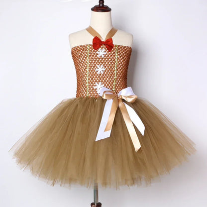 HJTT Girls' Gingerbread Man Christmas Costume Dress, Brown Tulle Tutu Outfit for Kids, Cute Xmas Carnival Party Dress-Up Clothes for Holiday Celebrations and Cosplay