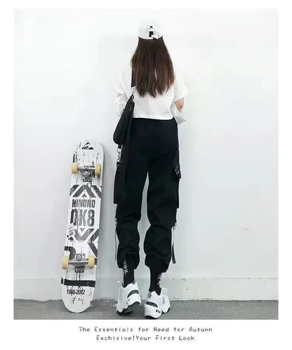 Pantalon Cargo Décontracté Noir pour Femmes Style Coréen Taille Haute Ample Hip Hop Jambe Droite Printemps Automne