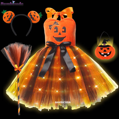 Girls LED Light-Up Witch Costume Dress – Halloween Vampire Cosplay Outfit for Carnival, Masquerade, Performance & Pumpkin Parties
