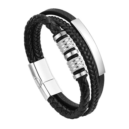Vnox Personalized Braided Leather Bracelet for Men – Custom Name Engraved Triple Woven PU Leather Wristband | Handmade Gift Jewelry