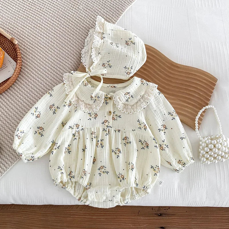Conjunto de 2 piezas de pelele floral con sombrero para bebé, mameluco con solapa para recién nacida, conjunto de primavera