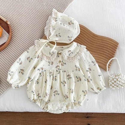 Conjunto de 2 piezas de pelele floral con sombrero para bebé, mameluco con solapa para recién nacida, conjunto de primavera