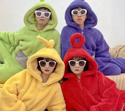 Teletubbies Inspired Adult Cosplay Pajamas – Tinky Winky / Laa-Laa / Po Soft Long Sleeve Onesie Costume (4 Colors)