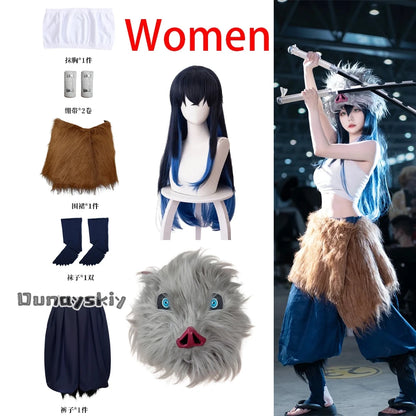 Anime Demon Slayer Hashibira Inosuke Cosplay Costume | Unisex S–L Outfit with Pig Mask for Halloween, Carnival & Comic Con