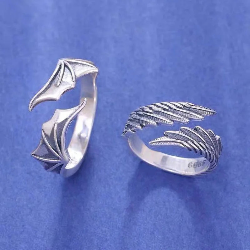 Vintage Angel & Demon Wing Adjustable Couple Ring – Retro Silver Gothic Punk Open Band Ring for Men & Women