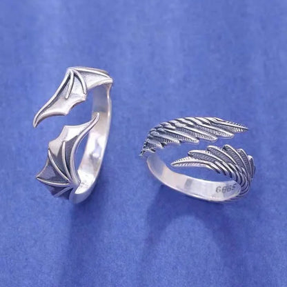 Vintage Angel & Demon Wing Adjustable Couple Ring – Retro Silver Gothic Punk Open Band Ring for Men & Women