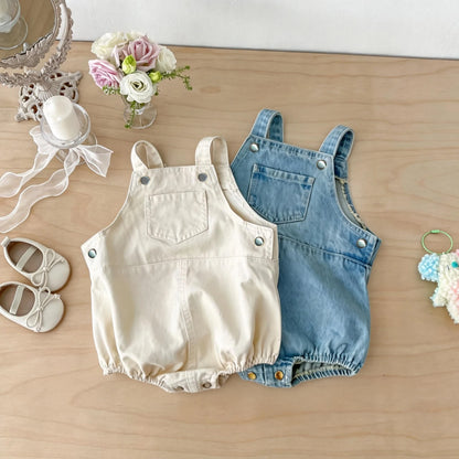 Korean-Style Baby Denim Overalls – Cute Pocket Suspender Romper for Boys & Girls, Spring & Summer Casual Infant Outfit with Nappy Cover