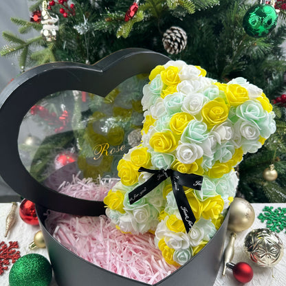 Oso de rosas artificiales de 25 cm con caja de regalo – Regalo romántico para ella en San Valentín, aniversario y boda