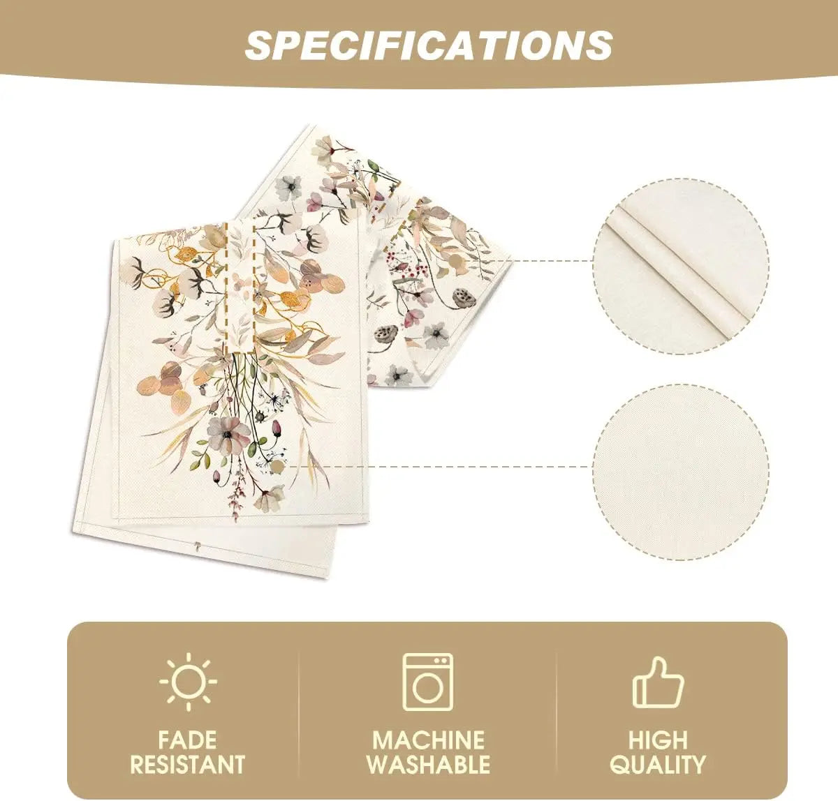 Spring Wildflower Floral Linen Table Runner – Reusable Leaves Flower Farmhouse Table Decor for Kitchen, Dining, Wedding & Party