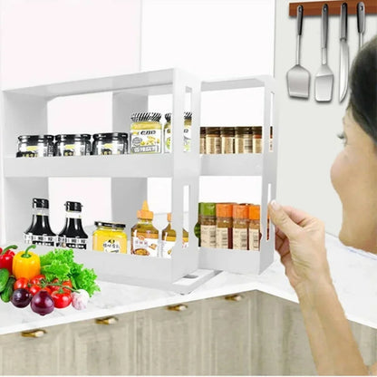 2-Tier Rotating Spice Organizer Rack – Multi-Function Sliding Kitchen Storage Shelf for Cabinets, Cupboards & Countertops