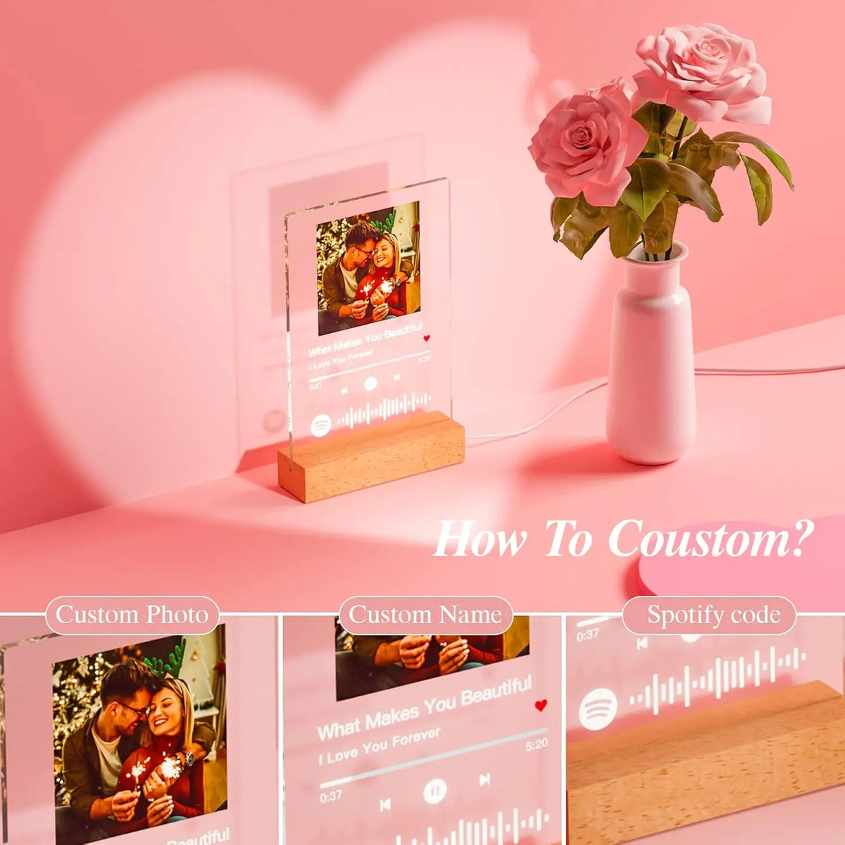 Personalized Acrylic Music Photo Plaque with LED Night Light – Custom Spotify-Style Song Gift for Couples, Anniversaries, Birthdays & Christmas
