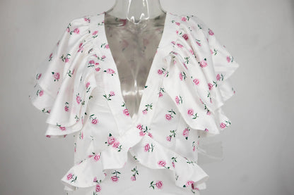 Robe mini florale à volants printemps-été 2026 pour femme – Jupe courte plissée à col en V, tenue décontractée élégante et à la mode