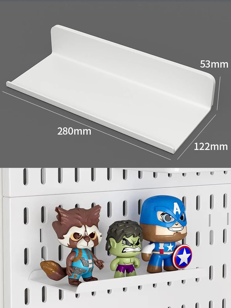 Organizador de pared de tablero perforado sin taladros – Panel de almacenamiento modular con estantes y accesorios para cocina, baño y sala de juegos