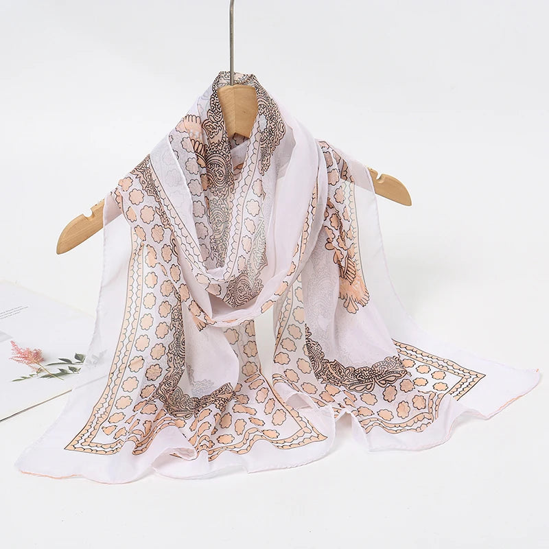 Women's Printed Chiffon Scarf Shawl – Lightweight Silk-Feel Long Wrap for Beach, Travel & Outdoor Wear, Fashion Headband Accessory