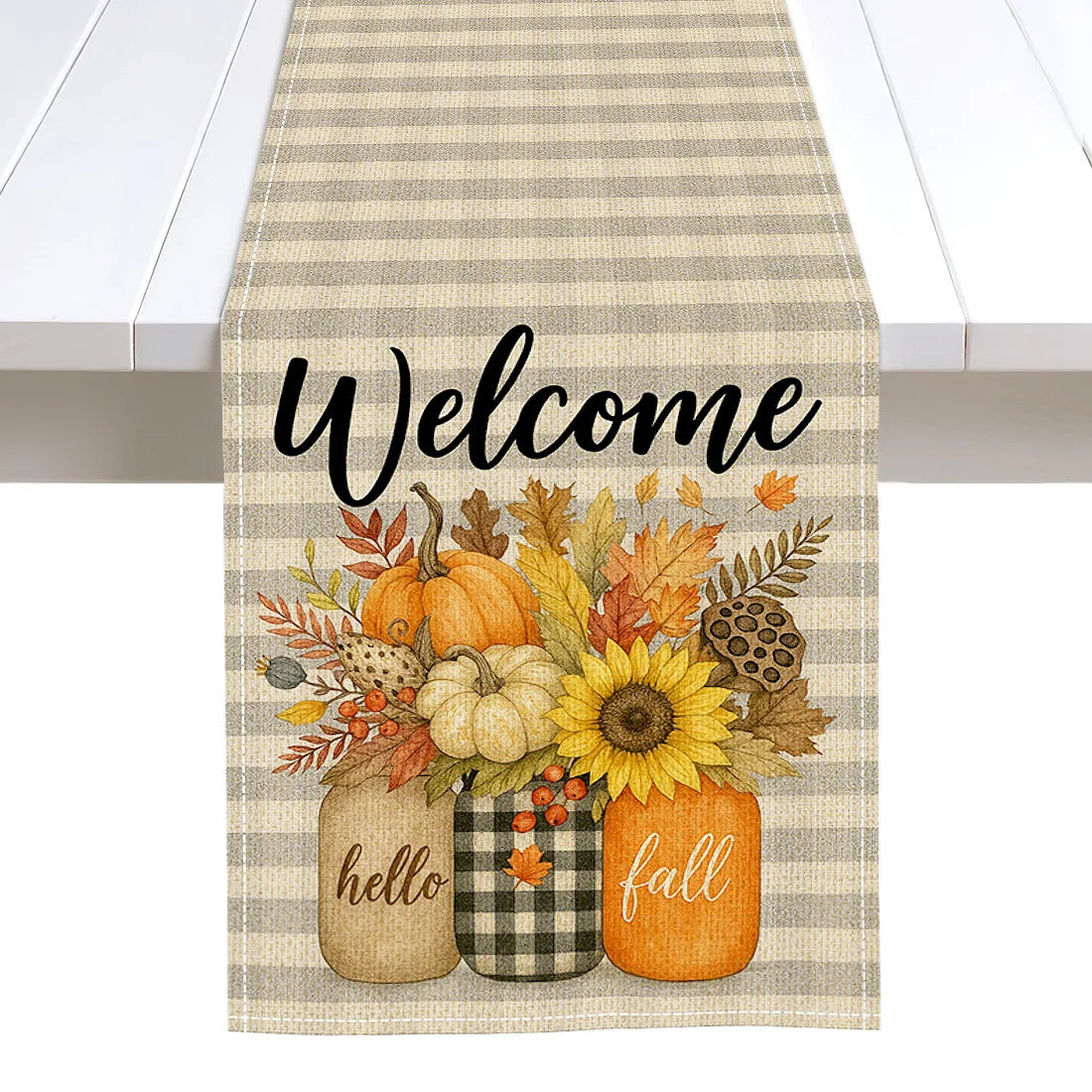Autumn Pumpkin Illustration Table Runner – Durable Fall Table Decor for Weddings, Kitchen, Dining Room, Thanksgiving & Parties
