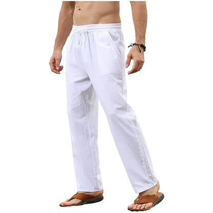 Men's Cotton Linen Drawstring Pants – Breathable Loose Fit Casual Jogger Trousers for Yoga, Beach & Everyday Wear