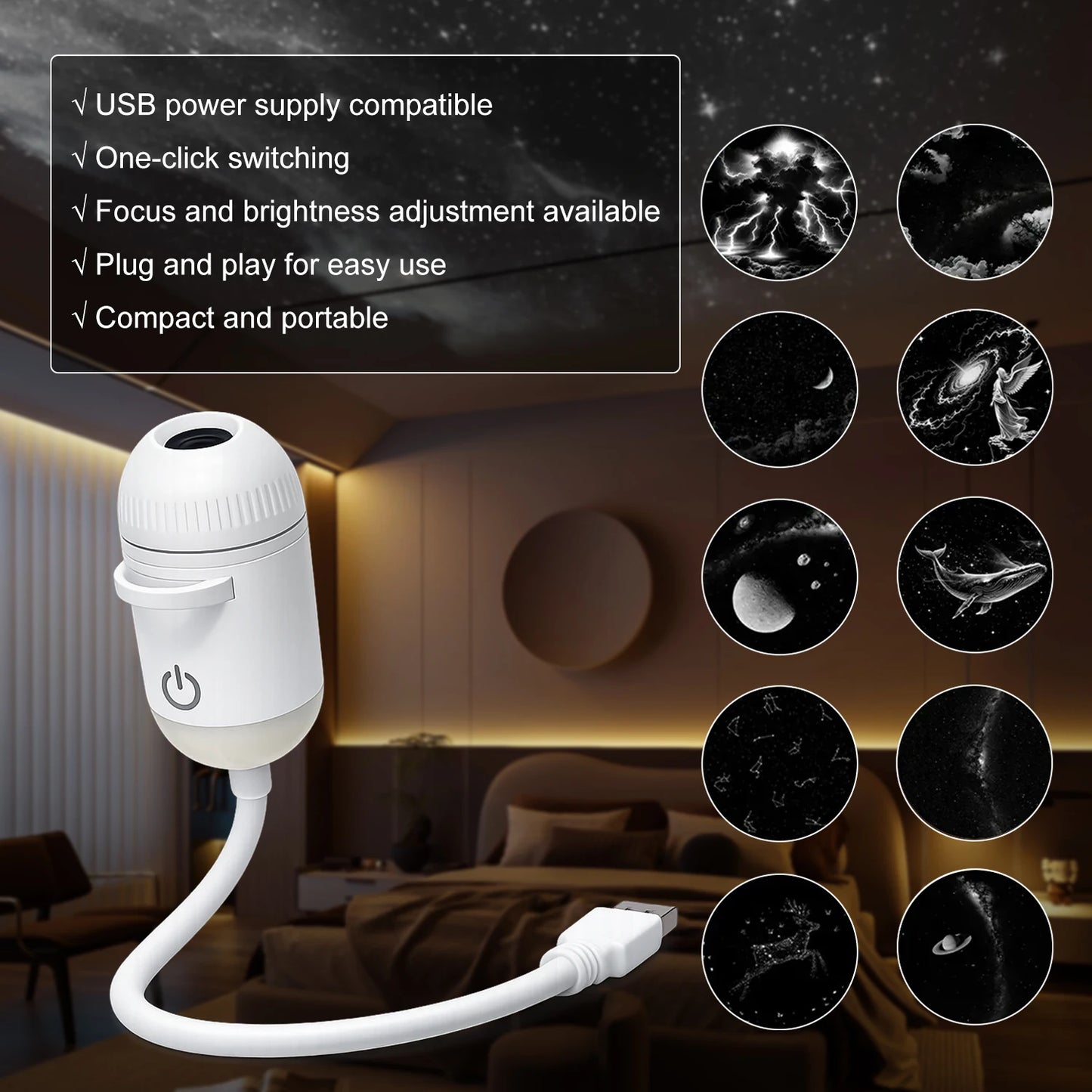 Lámpara proyector USB LED de cielo estrellado y galaxia – Luz nocturna de Saturno para coche, habitación y decoración de techo