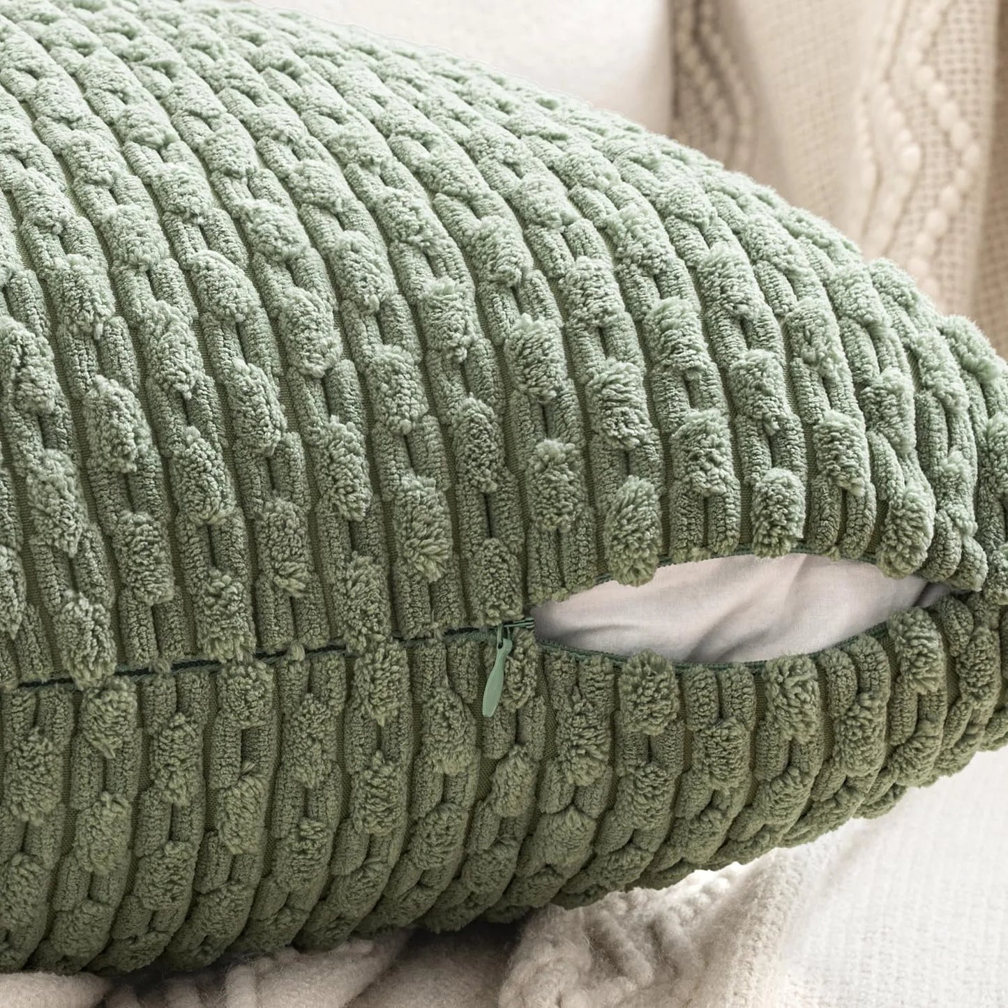 Funda de almohada a rayas verdes de pana - Funda de cojín decorativa rústica bohemia de 20x20 pulgadas para sofá y sala de estar