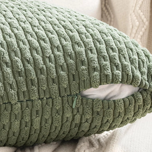Funda de almohada a rayas verdes de pana - Funda de cojín decorativa rústica bohemia de 20x20 pulgadas para sofá y sala de estar