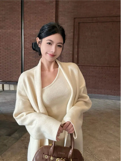Women’s French Style 3-Piece Knit Sweater Set – Cardigan, Vest & High-Waisted Wide-Leg Pants, Elegant Casual Outfit
