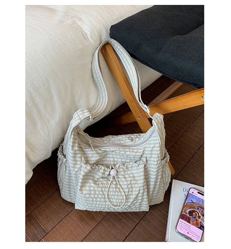 Bolso de hombro de nailon estilo coreano – Bolso tote sencillo a cuadros con cremallera y diseño de nube plisada con cordón ajustable, bandolera de moda para mujer, bolso de mano casual para el día a día