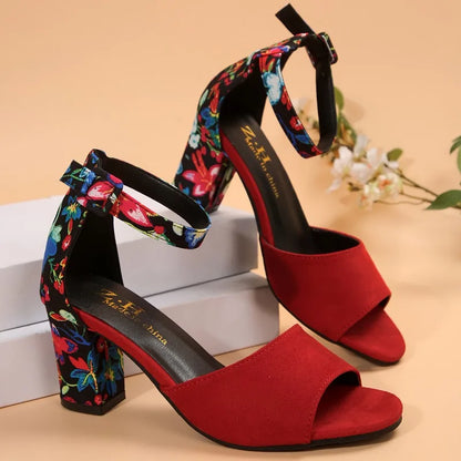 Sandales à talons épais et bout ouvert pour femmes – Talons hauts décontractés d'été antidérapants, chaussures habillées tendance à bout rond imprimées