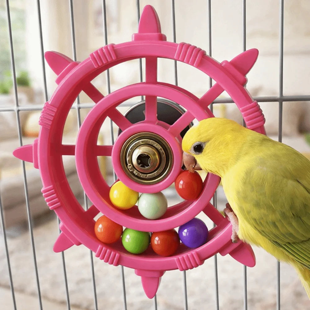 Rudder-Shaped Parrot Spinner Toy – Colorful Bead Rattle & Bite-Resistant Interactive Spinning Wheel Bird Cage Toy