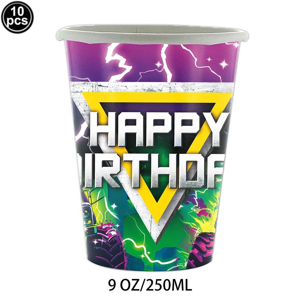 Monster Truck Birthday Party Supplies – Disposable Plates, Napkins, Banner & Tablecloth for Kids' Boys' 2nd Birthday Decorations